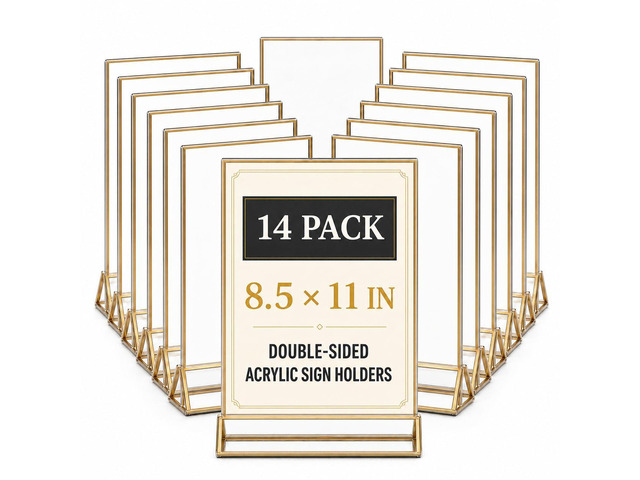 14 Pack Acrylic Sign Holder 8.5x11 Gold Frames, Wedding Table Number Holders Double Sided Vertical Clear Display Stand, Picture Holders for Tables,...
