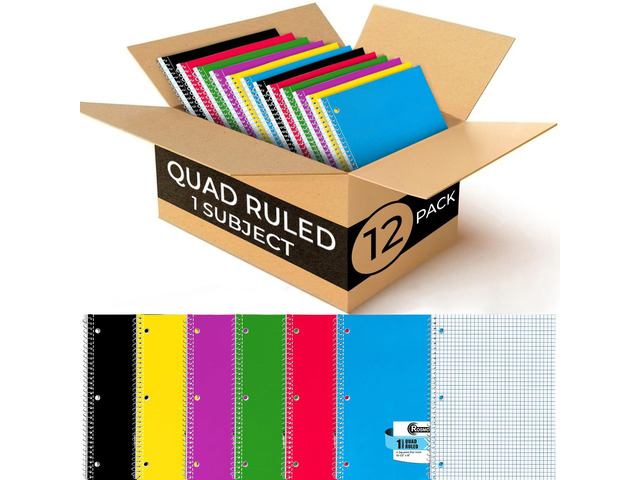 1 Subject Graph Paper Spiral Notebook, 12 Pack, 70 Sheets Bulk 4x4 Spiral Bound Grid Notebooks, 8 x 10-1/2', 3 Hole Punched, Single Subject Quad...
