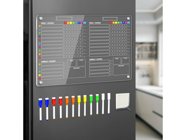 2-in-1 Acrylic Magnetic Chore Chart for 2 Kids, Large 16x12 in Clear Dry Erase Fridge Chore Board for Teens, Roommates; Vibrant Layout; Embedded...