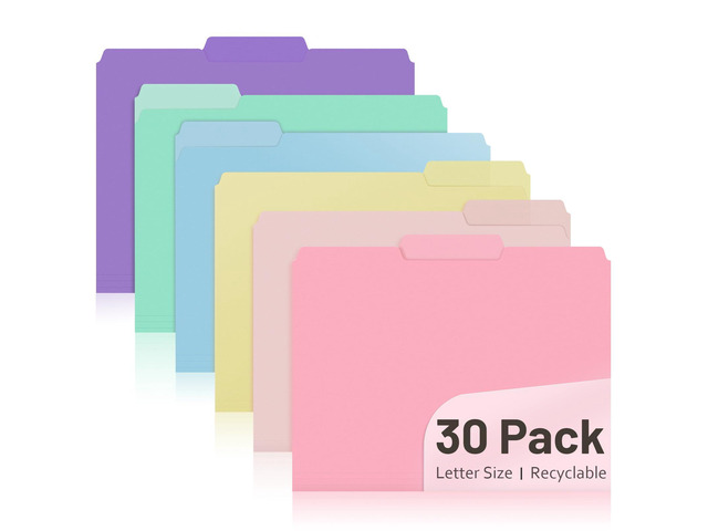 Plastic File Folders, 6 Pastel Colors, Letter Size 8.5x11, 30 Pack 1/3-Cut Tabs, Poly Folders, For Documents, Office, Home, School Organization