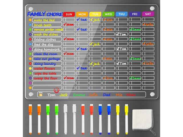 Acrylic Magnetic Chore Chart for Multiple Kids, Large 16x12 in Clear Dry Erase Fridge Chore Board for Family, Adult, Teens; Vibrant Layout;...