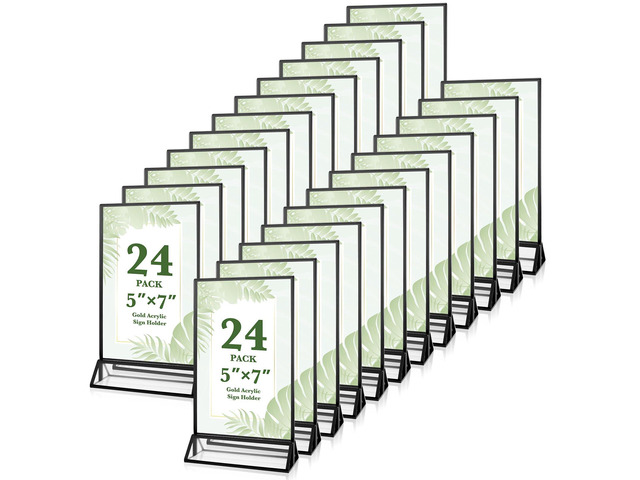 24 Pack 5x7 Inch Acrylic Sign Holders, Double Sided Picture Frame Black Clear Picture Frame Stands, Menu Flyer Holder for Wedding Table Numbers,...