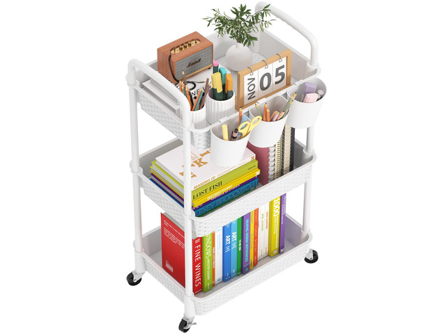 3-Tier Plastic Rolling Utility Cart with Handle,White Utility Storage Cart for Office, Living Room, Kitchen,Movable Storage OrganizerEasy...