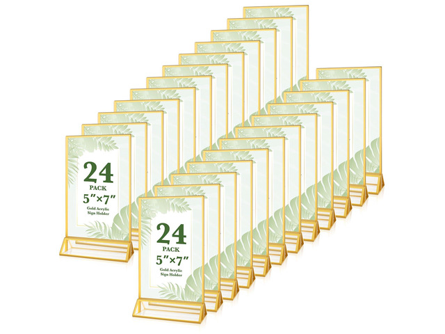 24 Pack 5x7 Gold Acrylic Sign Holders, Double Sided Picture Frame Stands Clear Table Menu Holder Display Stand for Wedding Table Numbers,...
