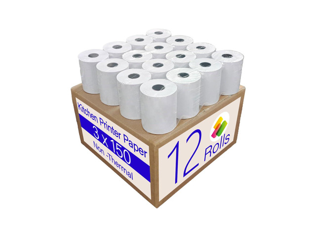 (12 Rolls) 1Ply Bond Receipt Paper Rolls 3 x 150 White Paper for Kitchen Impact Printers TMU200 SRP275 Star SP700 Toast TKP300 Kitchen Printer SNBC...