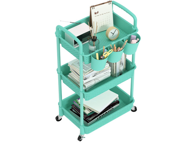 3-Tier Plastic Rolling Utility Cart with Handle,Turquoise Utility Storage Cart for Office, Living Room, Kitchen,Movable Storage OrganizerEasy...