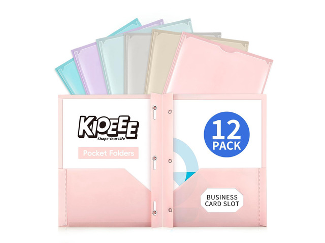 12 Pack Folders with Clear Front Pockets and 3 Prongs,Heavy Duty Plastic Pocket Folders with Business Card Slot,Fit Letter Size Paper,Assorted...