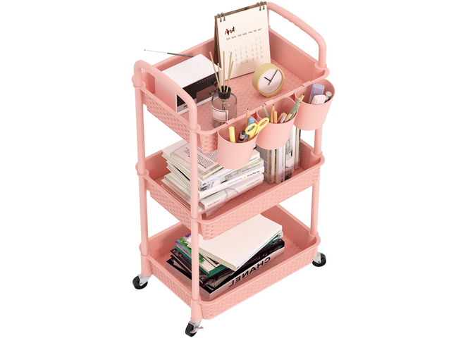 3-Tier Plastic Rolling Utility Cart with Handle,Pink Utility Storage Cart for Office, Living Room, Kitchen,Movable Storage OrganizerEasy...
