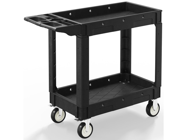 Plastic Utility Cart on Wheels, 40 x 17 Inch Rolling Service Cart-Black 2 Shelf Work Carts, 500 lbs Capacity Heavy Duty Tool Cart W/Tub Storage &...