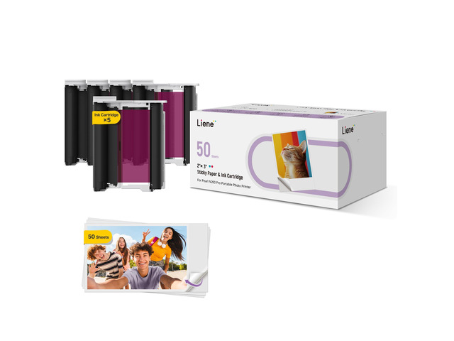 Pearl N200 Pro Portable Photo Printer Photo Paper 50 Sheets & 5 Cartridges, Picture Printer Sticker Paper Adhesive, Waterproof, Smudge Proof, Photo...