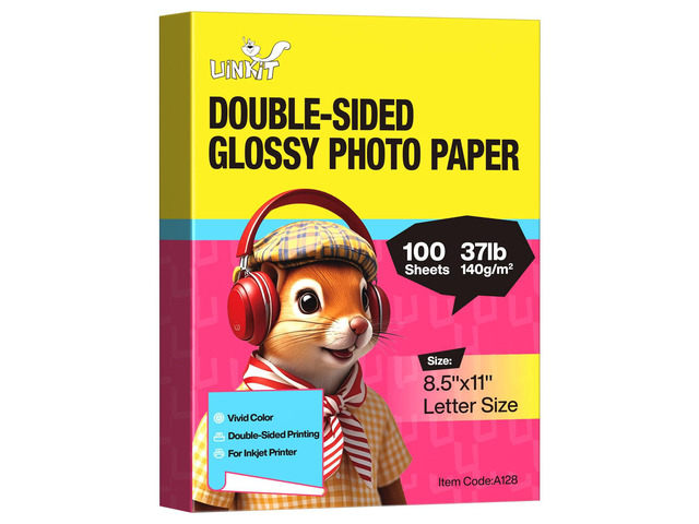 Double-Sided Glossy Photo Paper, 8.5 x 11, 100 Sheets, 140gsm For dye ink inkjet printers; not for laser or pigment ink. Fast-dry for brochures,...