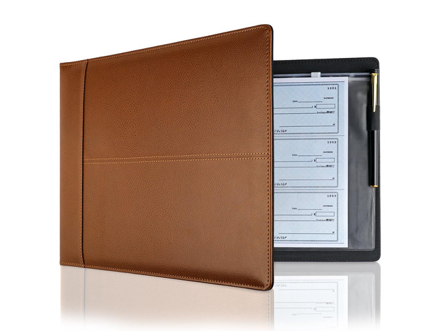 Professional 7 Ring Checkbook Binder for Business Checks, Check Book Cover Brown Premium PU Leather Organizer for 3-On-A-Page Checks, Fits 9x13...