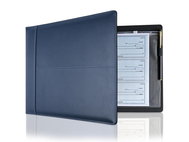 Professional 7 Ring Checkbook Binder for Business Checks, Check Book Cover Blue Premium PU Leather Organizer for 3-On-A-Page Checks, Fits 9x13 Inch...