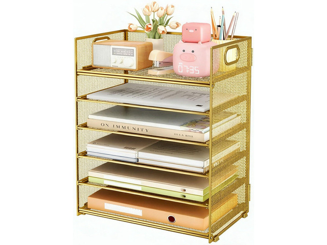 6 Trays Paper Organizer with Handle - Mesh Desk File/Letter Paper Sorter Organizer for Office, Home or School (Gold)