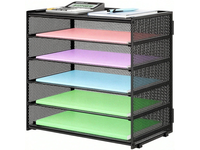 6 Trays Paper Organizer with Handle - Mesh Desk File/Letter Paper Sorter Organizer for Office, Home or School (Black with Closed top)