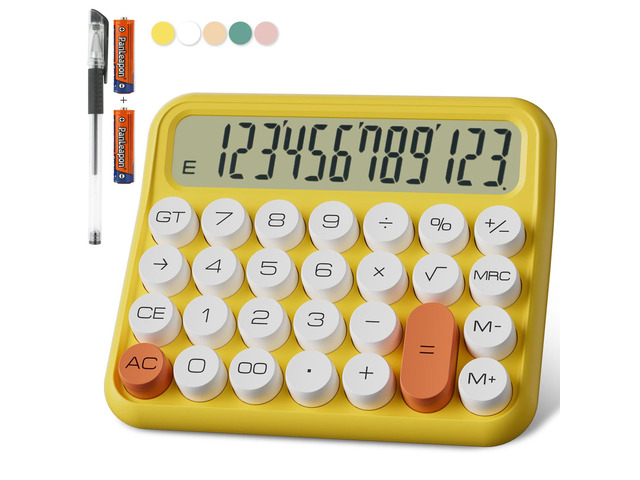 Mechanical Calculator 12 Digit, 5-Inch LCD Display, Battery Desk Calculator With Big Buttons, 15 Tilt Screen for Office and Kids (Yellow)