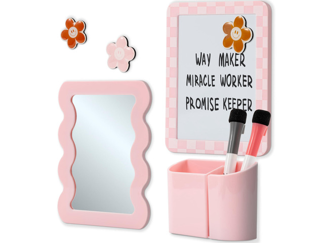 Stylish Locker Accessories Kit for Girls with Mirror, Whiteboard & Magnets Includes Pen Holder, Cute Flower Magnets & Marker Set - All-in-one...