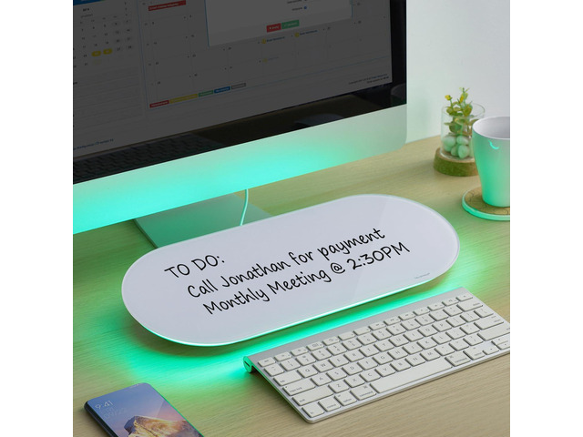 Glass Desktop Whiteboard - 17 X 7 Inches Small Dry Erase Board with Green Light, Glass White Board Surface Notepad with 1 Drawer, Desk Organizers...