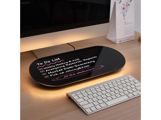Glass Desktop Whiteboard - 17 X 7 Inches Black Board Warm Light Glass Surface/Notepad with 1 Drawer/ Desk Organizers/ for Office, Home, School...