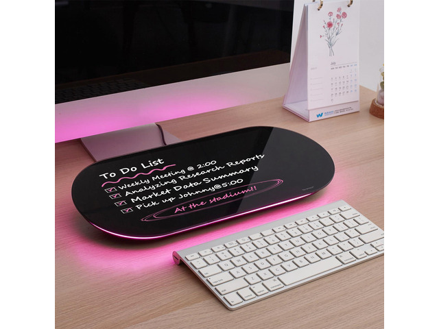 Glass Desktop Whiteboard - 17 X 7 Inches Black Board Pink Light Glass Surface/Notepad with 1 Drawer/ Desk Organizers/ for Office, Home, School...