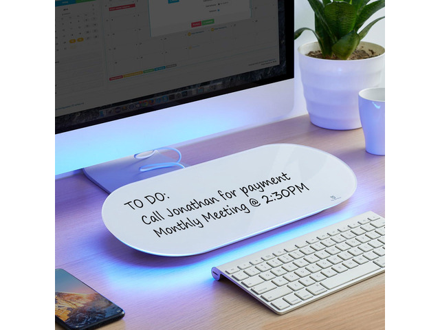 Glass Desktop Whiteboard - 17 X 7 Inches Small Dry Erase Board with Blue Light, Glass White Board Surface Notepad with 1 Drawer, Desk Organizers...