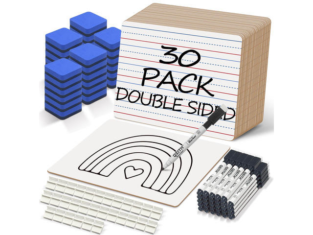 Dry Erase Boards, 30 Pack 9 x 12 Inch Mini Portable Practice White Boards with 30 Markers, 30 Erasers, Double Sided Personal Small Whiteboards with...