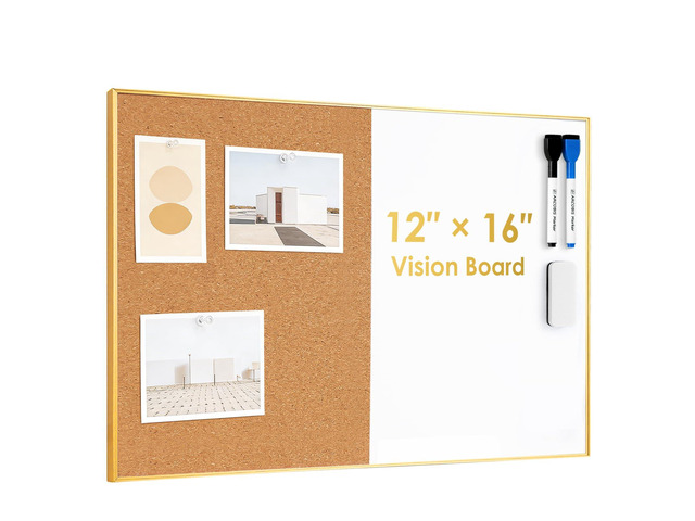 Cork Board White Board Combo 11.6'x15.7' Bulletin Board, Magnetic Dry Erase Board & Corkboard for Wall, Vision Board for Home, Office, School, Gold...
