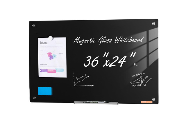 Magnetic Glass Whiteboard, Dry Erase Board 36'x24', Wall-Mounted Large White Glassboard Frameless, with Marker Tray, an Eraser and 2 Markers, Black