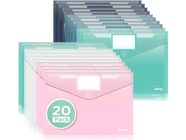 20 Pack Plastic Envelopes, Plastic File Folders, Clear Folders Trendy Colors, Super Heavyweight Document Holders, Storage Pouches, File Envelopes...