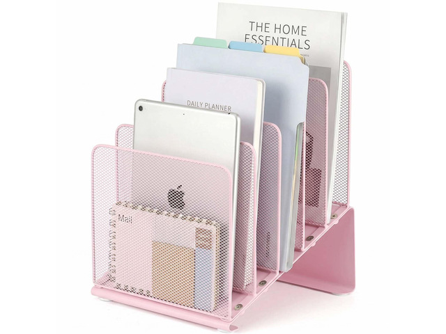 File Organizer for Desk, Desk Organizer with 5-Section Vertical File Rack, Folder Organizer,Workspace Organizers (Pink)
