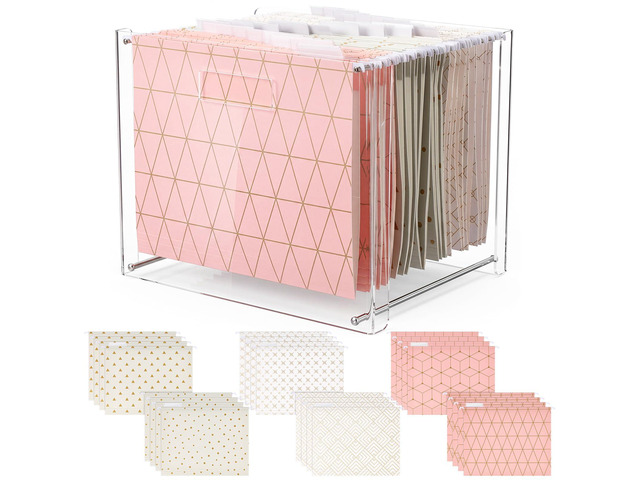 24 Hanging File Folders Acrylic Desktop Organizer,Geometric Clear Acrylic Box with Handles, Letter A4 Compatible, Colorful Tab Labels Included, for...