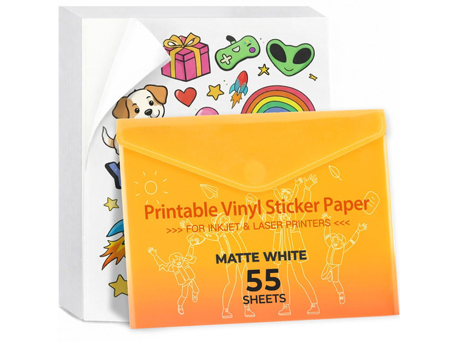 Printable Vinyl Sticker Paper, Matte White, 55 Sheets 8.5'X11', Dries Quickly, Tear Resistant, Vivid Colors, Holds Ink Well, Compatible with Most...