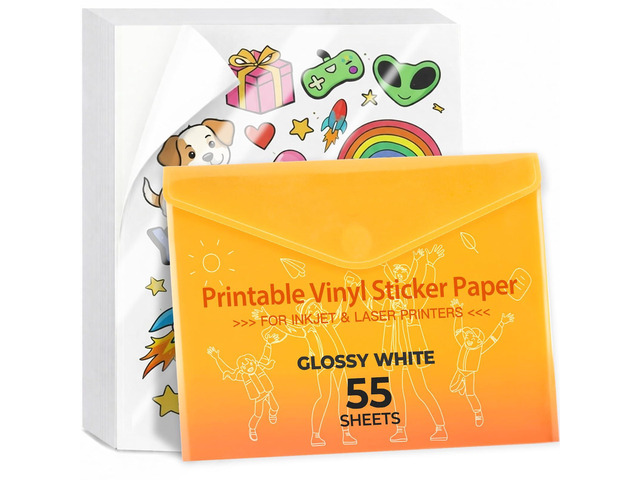 Printable Vinyl Sticker Paper, 55 Sheets, Glossy White 8.5'X11', Dries Quickly, Holds Ink Beautifully, Waterproof Inkjet Printable Vinyl, For Most...
