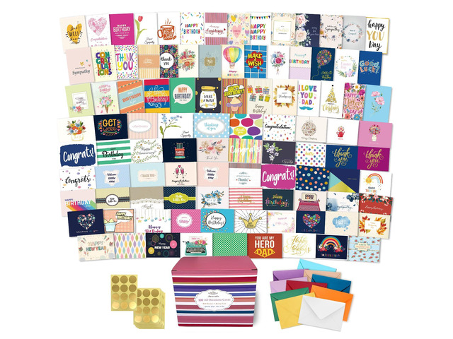 100 All Occasion Cards Assortment Box with Color EnvelopesAll Occasion Cards Set with Greeting Inside, Large 5 x 7 inch Cards with Stickers and...
