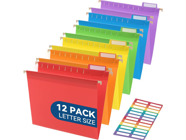 Plastic Hanging File Folders, Letter Size, Tear-Resistant, Vibrant 12-Pack, Sturdy and Easy to Clean, for Filing Cabinets, with Insertable 1/5-Cut...