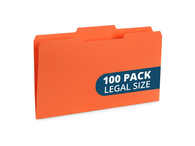 100 File Folders, Legal Size, 1/3 Cut Tab, Orange Durable 11pt Uncoated Paper, 1/3 Cut Top Tab, Assorted Tab Positions, for Office, School, and...