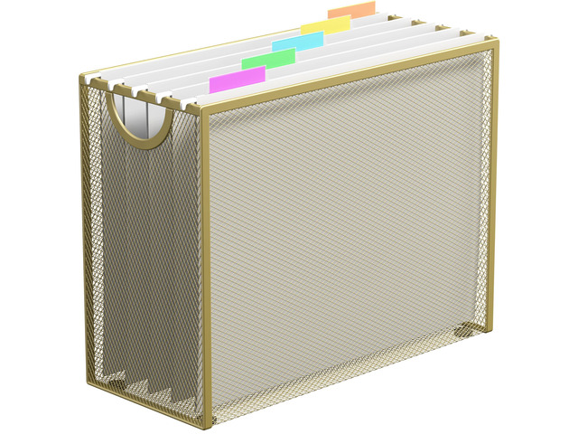 Letter-Size Hanging File Organizer with 5 Grey Holders(Gold) File Holder Filing Box for Desk, Metal Mesh Desk File Folder Storage for Office(No...