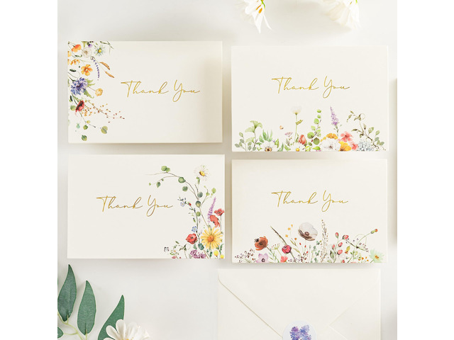 4x6 Floral 4 Assorted Thank You Cards (100 Pack) with Envelopes Elegant Watercolor Wildflower Pattern, Matching Stickers, Gold Foil Printing, for...