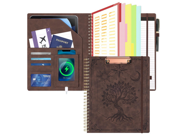 Clipboard with Storage for Men Women, Leather Padfolio Portfolio Organizer 5 Folders with 10 Pockets, Spiral Clipboard Folio with Notepad for...