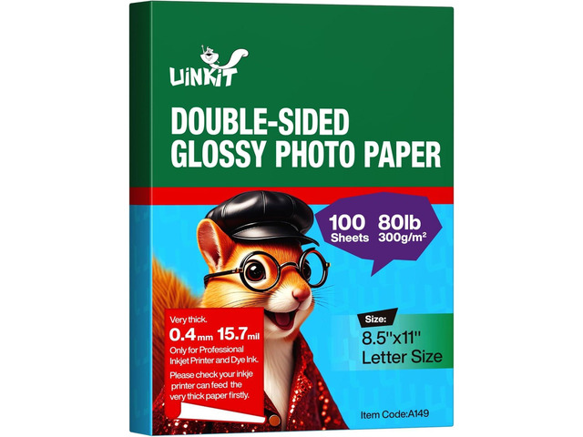 80lb Double-Sided Glossy Inkjet Photo Paper, 8.5x11, 100 Sheets 300gsm, 15.7mil thick paper for dye ink inkjet printers, greeting cards, menus, and...