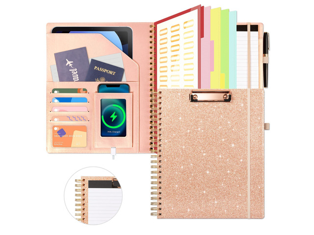 Clipboard with Storage for Women, Leather Padfolio Portfolio Organizer 5 Folders with 10 Pockets, Spiral Clipboard Folio with Notepad for Letter...
