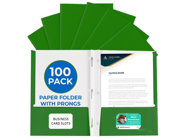 100 Pack Green 2 Pocket Paper Folders. Heavy Duty, Bulk Folders with Pockets, Prongs and Business Card Slots. Letter Size Document Organizers....