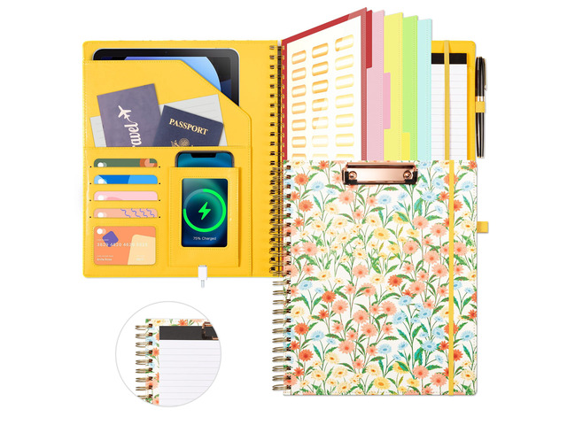 Clipboard with Storage for Men Women, Leather Padfolio Portfolio Organizer 5 Folders with 10 Pockets, Spiral Clipboard Folio with Notepad for...
