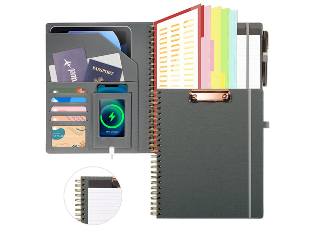 Clipboard with Storage for Men Women, Leather Padfolio Portfolio Organizer 5 Folders with 10 Pockets, Spiral Clipboard Folio with Notepad for...