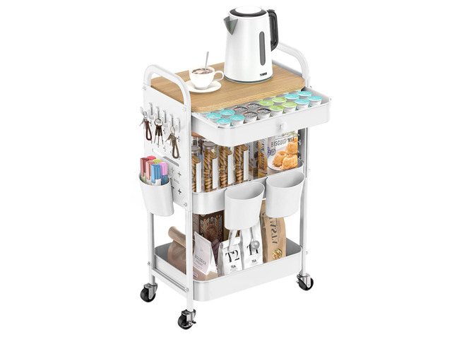 3 Tier Metal Rolling Cart with Drawer,Wood Top,Pegboards,White Storage Utility Cart with Drawers,Pegboards,Lockable Wheels,Baskets,Hooks for...