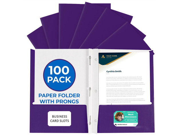 100 Pack Purple 2 Pocket Paper Folders. Heavy Duty, Bulk Folders with Pockets, Prongs and Business Card Slots. Letter Size Document Organizers....