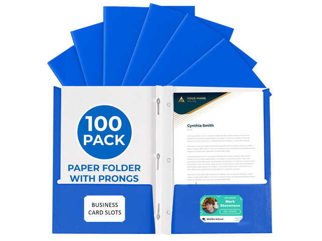 100 Pack Blue 2 Pocket Paper Folders. Heavy Duty, Bulk Folders with Pockets, Prongs and Business Card Slots. Letter Size Document Organizers....