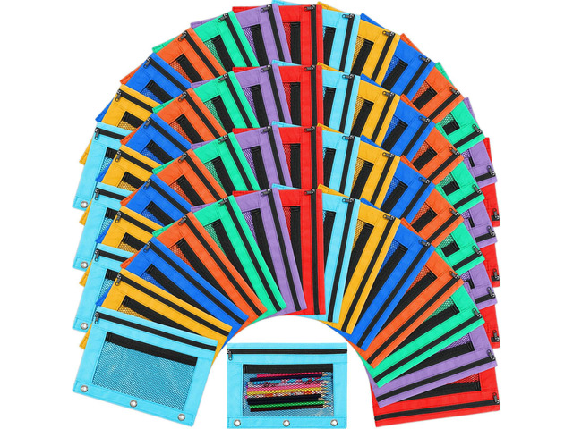100 Pcs Classroom Binder Pencil Pouches, Vivid Color, 2 Zipper 3 Ring Binder Zipper Pencil Pouches, Mesh Layer Pencil Bags Bulk, Pencils Pouches...