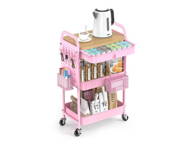 3 Tier Metal Rolling Cart with Drawer,Wood Top,Pegboards,Pink Storage Utility Cart with Drawers,Pegboards,Lockable Wheels,Baskets,Hooks for...