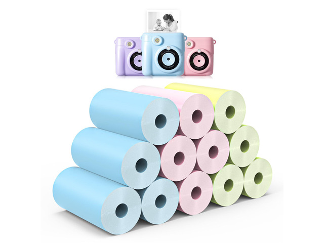 12 Rolls Kids Instant Camera Thermal Print Paper Refill - 3 Colors (Pink, Blue, Yellow) Compatible with Most Children Instant Print Cameras - Paper...